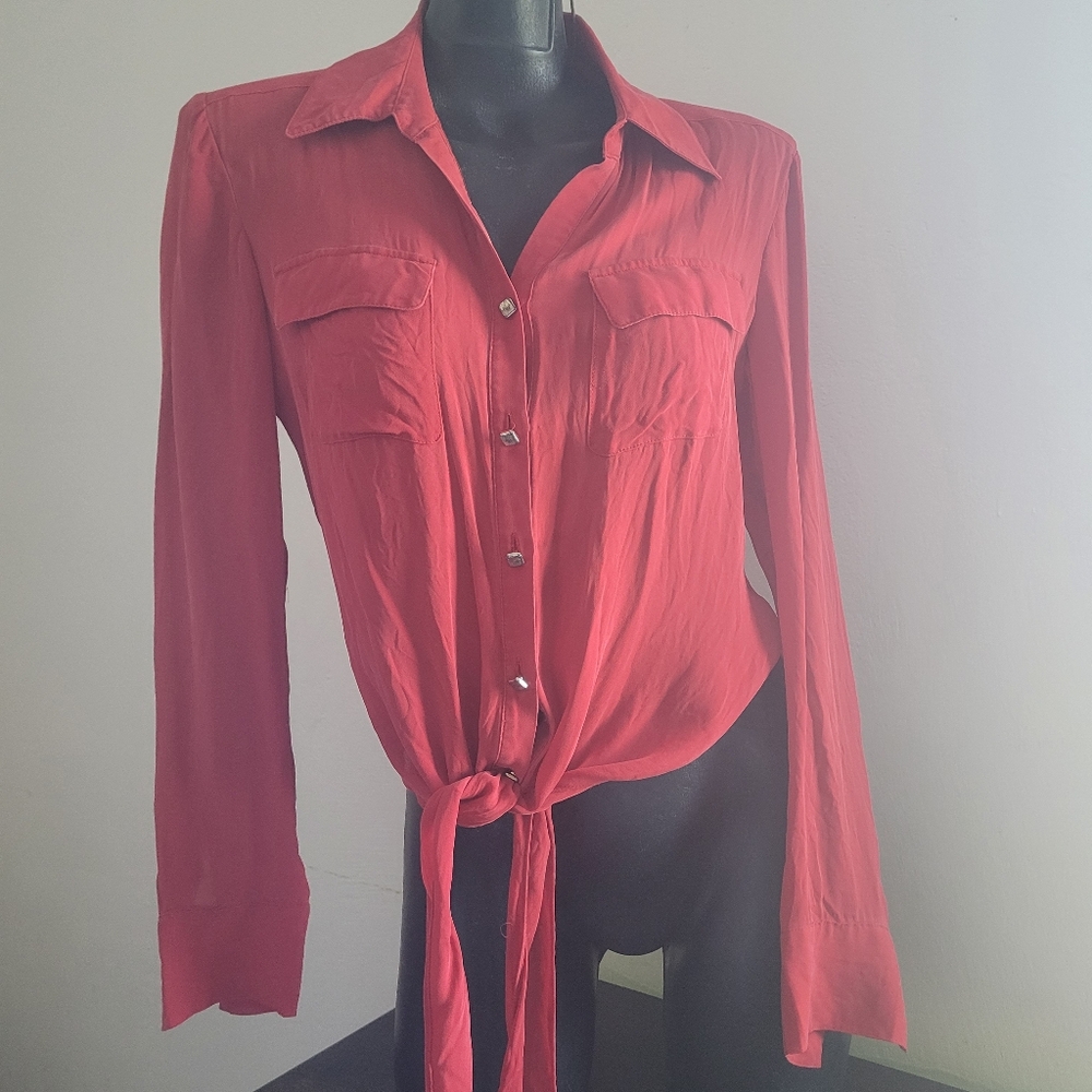100% SILK DARK RED XS Tie-Front Blouse